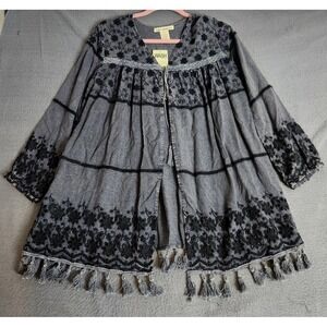 NWT Indigo Thread Co Black Charcoal Grey Embroidered Boho Tassel Tunic‎ Size XS
